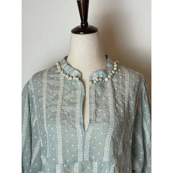 Zara Blue Green Embroidered Pom Pom Neck Embroidered Eyelet Blouse Size XS - Picture 5 of 7